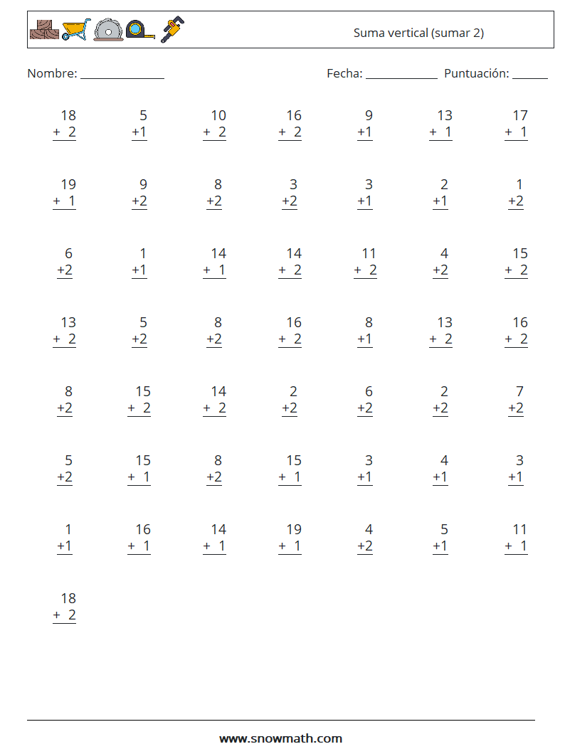 (50) Suma vertical (sumar 2) Hojas de trabajo de matemáticas 17
