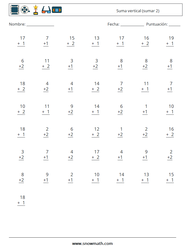 (50) Suma vertical (sumar 2) Hojas de trabajo de matemáticas 18