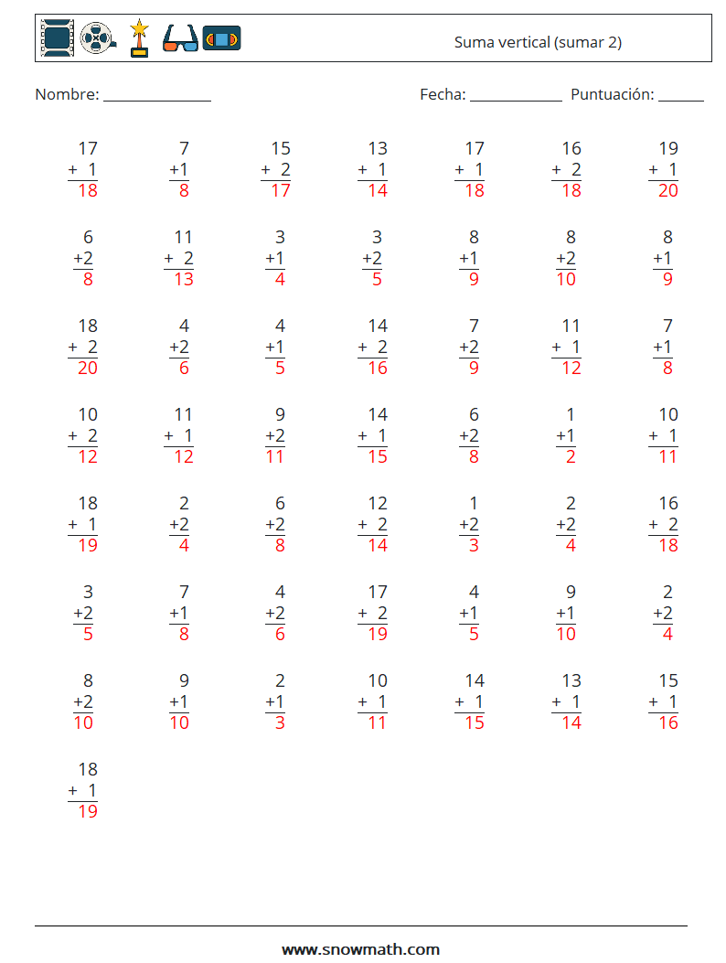 (50) Suma vertical (sumar 2) Hojas de trabajo de matemáticas 18 Pregunta, respuesta