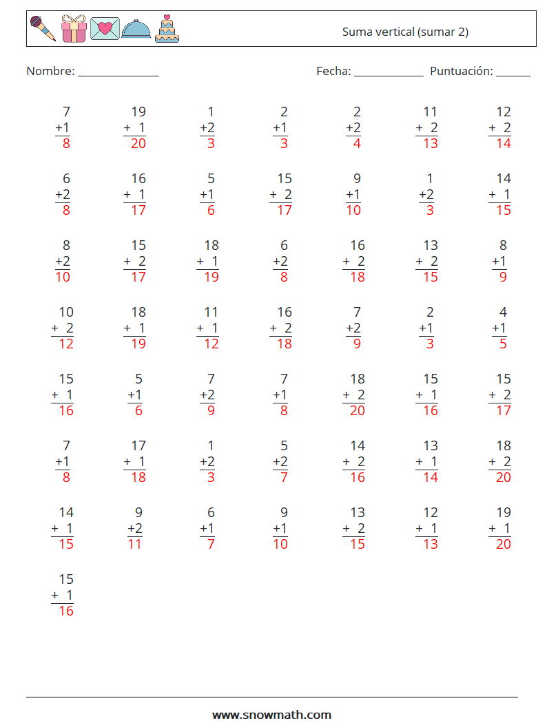 (50) Suma vertical (sumar 2) Hojas de trabajo de matemáticas 1 Pregunta, respuesta