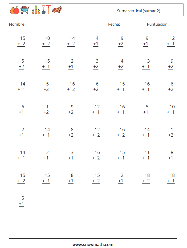 (50) Suma vertical (sumar 2) Hojas de trabajo de matemáticas 2