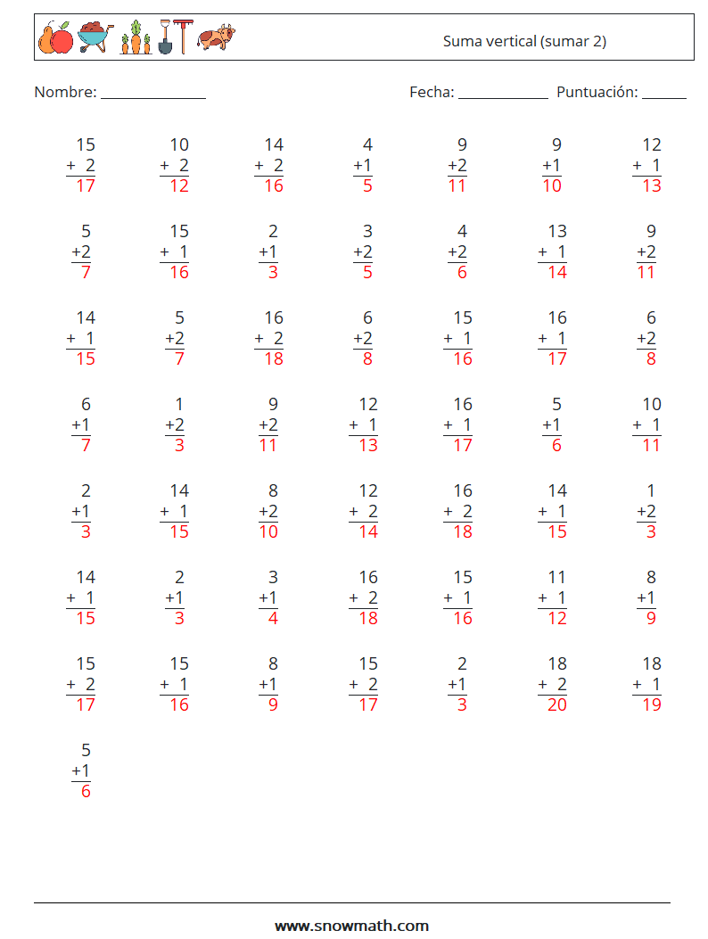 (50) Suma vertical (sumar 2) Hojas de trabajo de matemáticas 2 Pregunta, respuesta