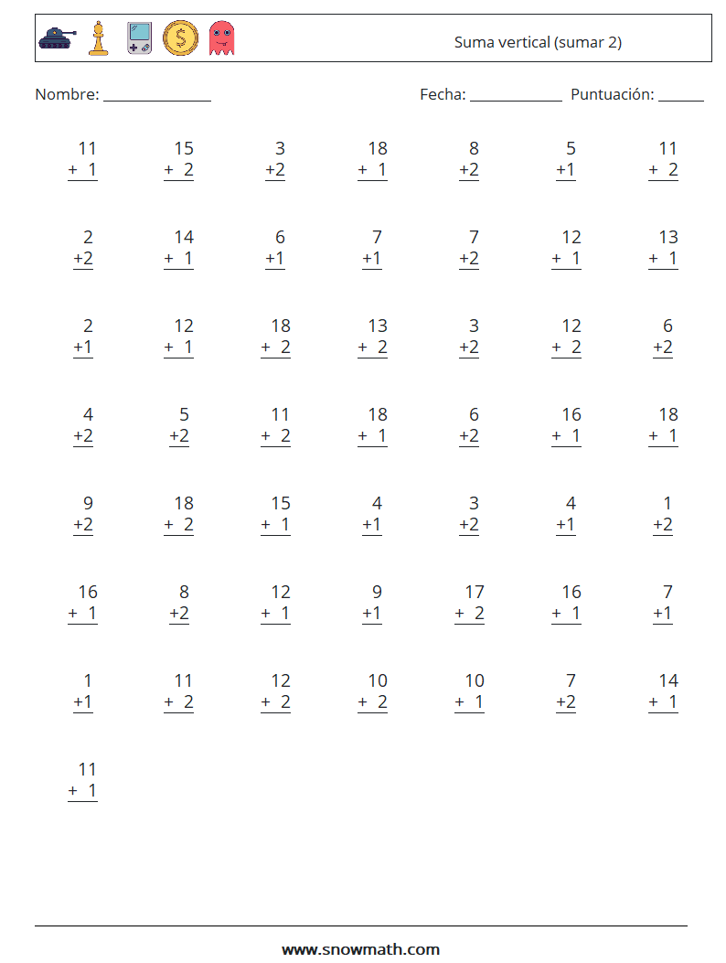 (50) Suma vertical (sumar 2) Hojas de trabajo de matemáticas 3