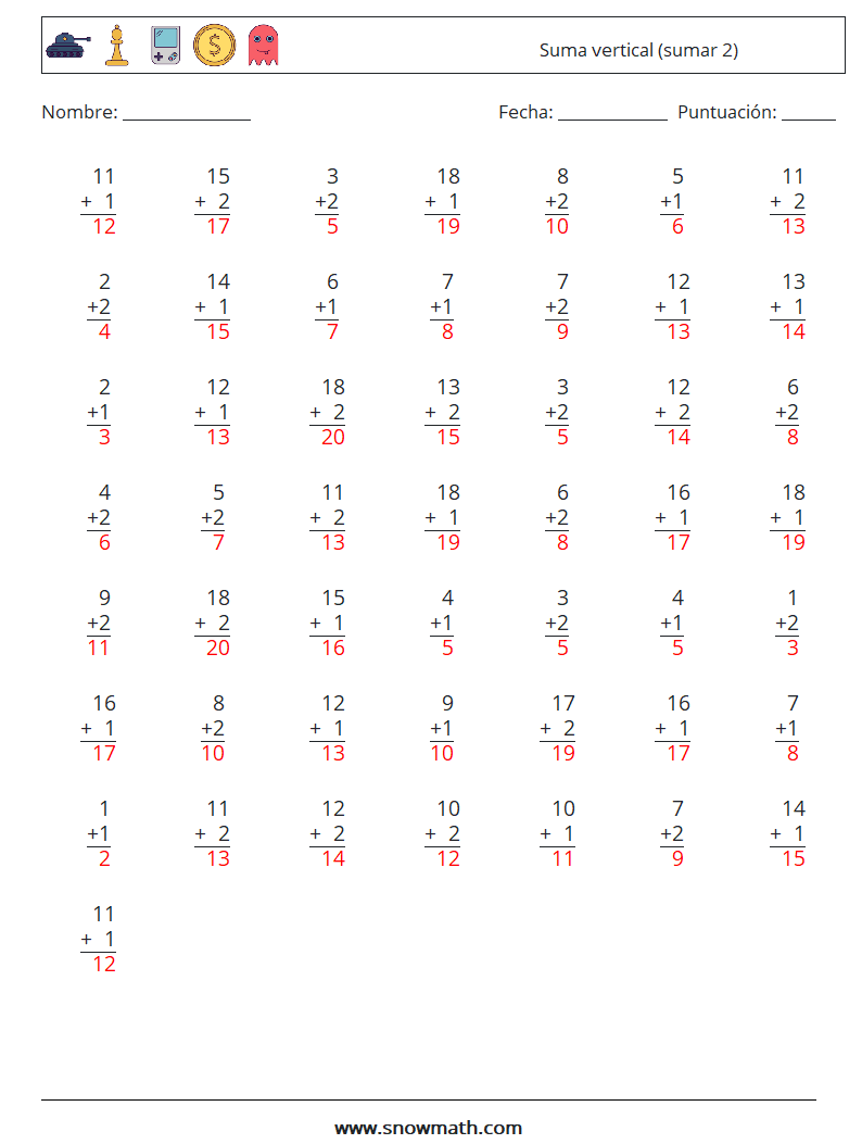 (50) Suma vertical (sumar 2) Hojas de trabajo de matemáticas 3 Pregunta, respuesta