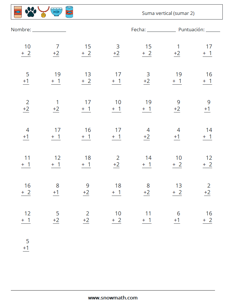 (50) Suma vertical (sumar 2) Hojas de trabajo de matemáticas 4