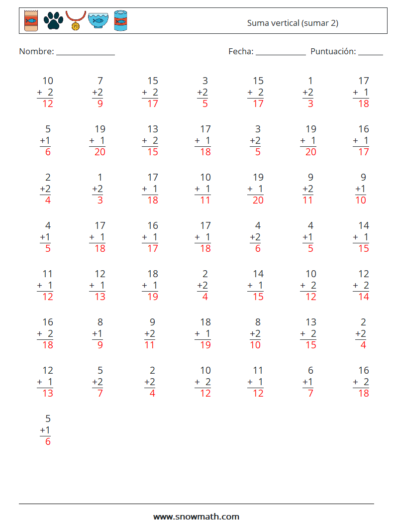 (50) Suma vertical (sumar 2) Hojas de trabajo de matemáticas 4 Pregunta, respuesta