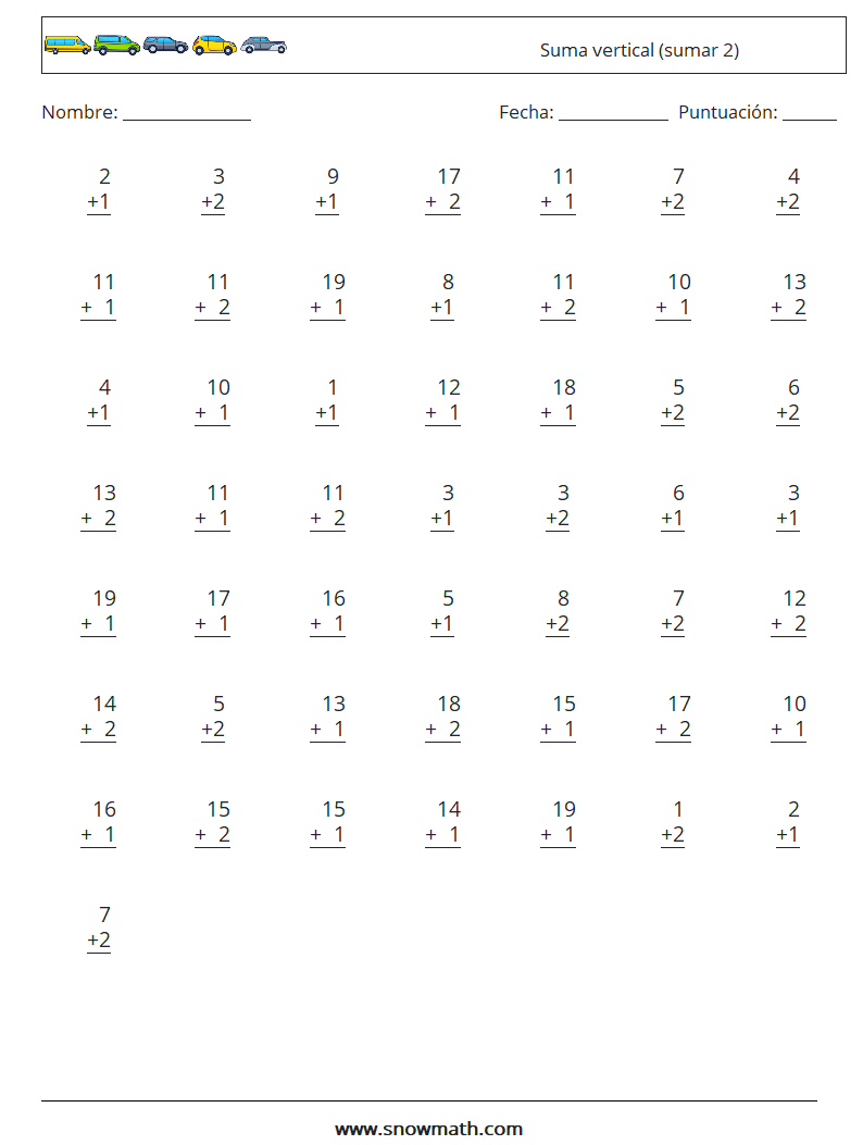 (50) Suma vertical (sumar 2) Hojas de trabajo de matemáticas 5