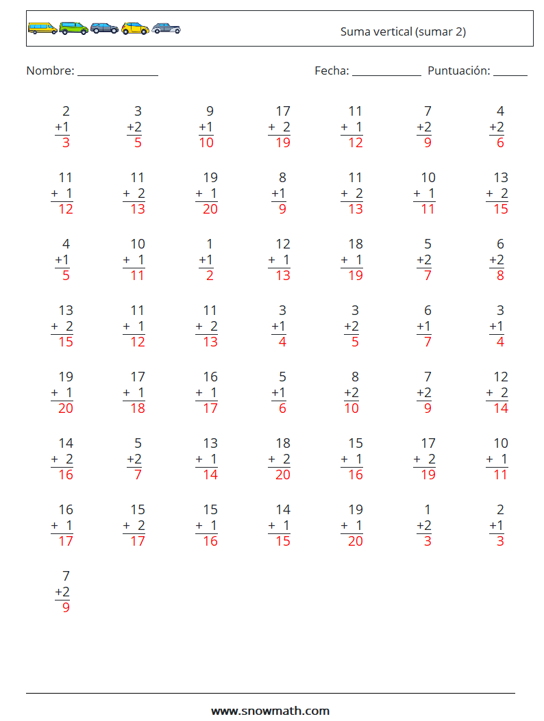 (50) Suma vertical (sumar 2) Hojas de trabajo de matemáticas 5 Pregunta, respuesta