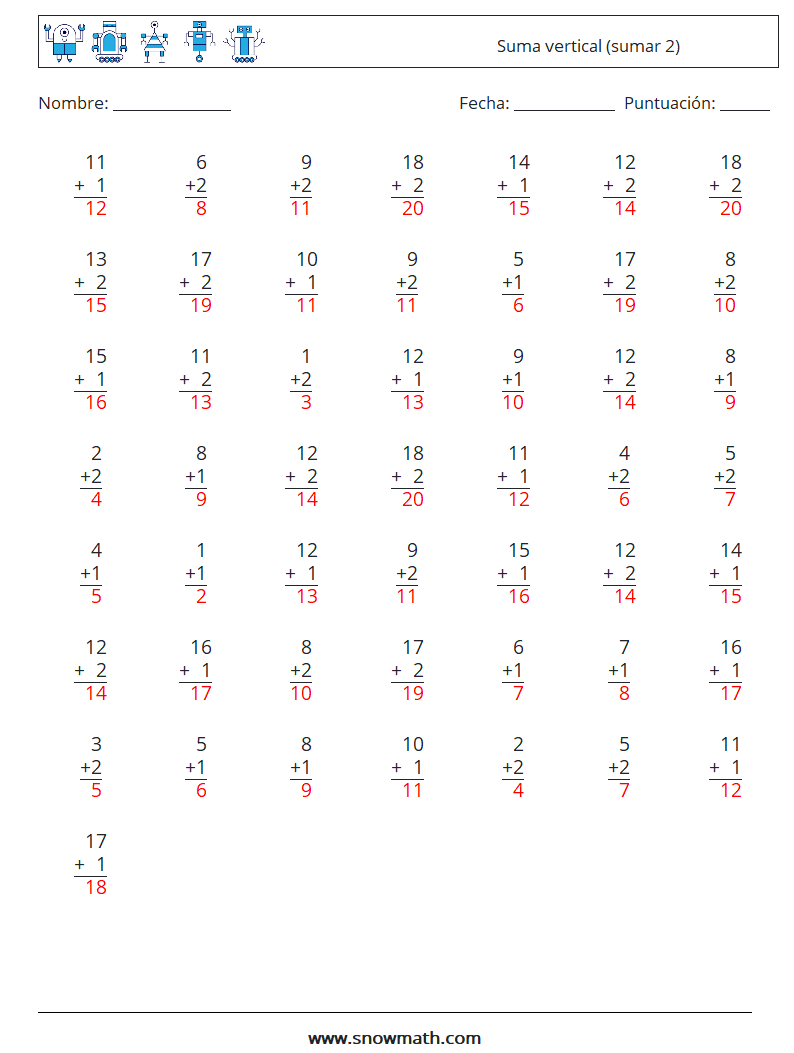 (50) Suma vertical (sumar 2) Hojas de trabajo de matemáticas 6 Pregunta, respuesta