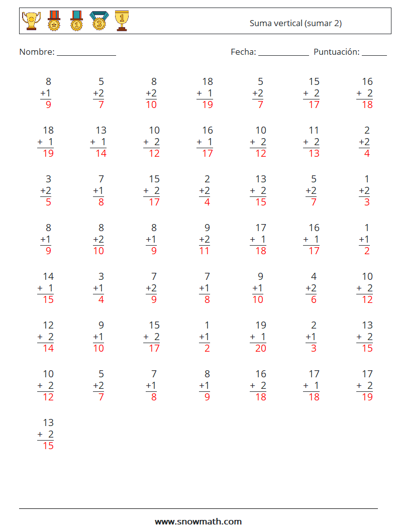 (50) Suma vertical (sumar 2) Hojas de trabajo de matemáticas 7 Pregunta, respuesta