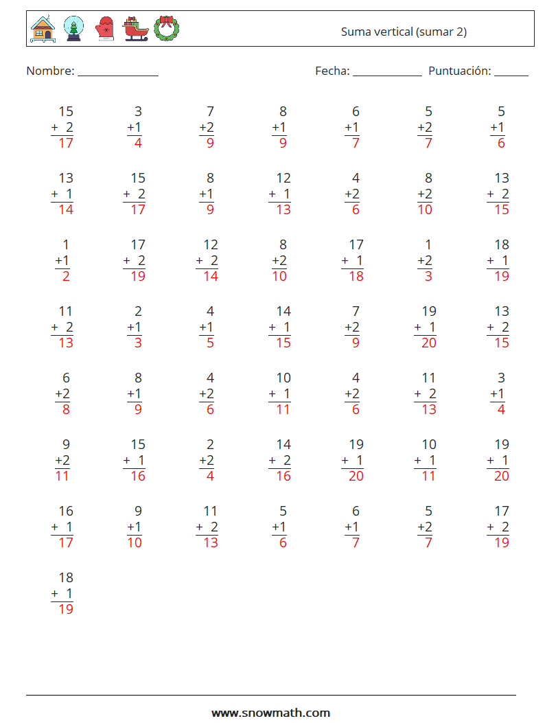 (50) Suma vertical (sumar 2) Hojas de trabajo de matemáticas 8 Pregunta, respuesta