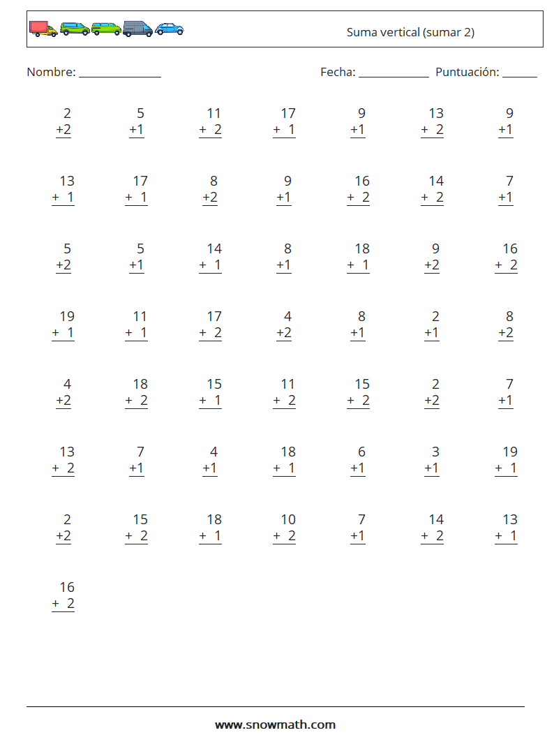 (50) Suma vertical (sumar 2) Hojas de trabajo de matemáticas 9