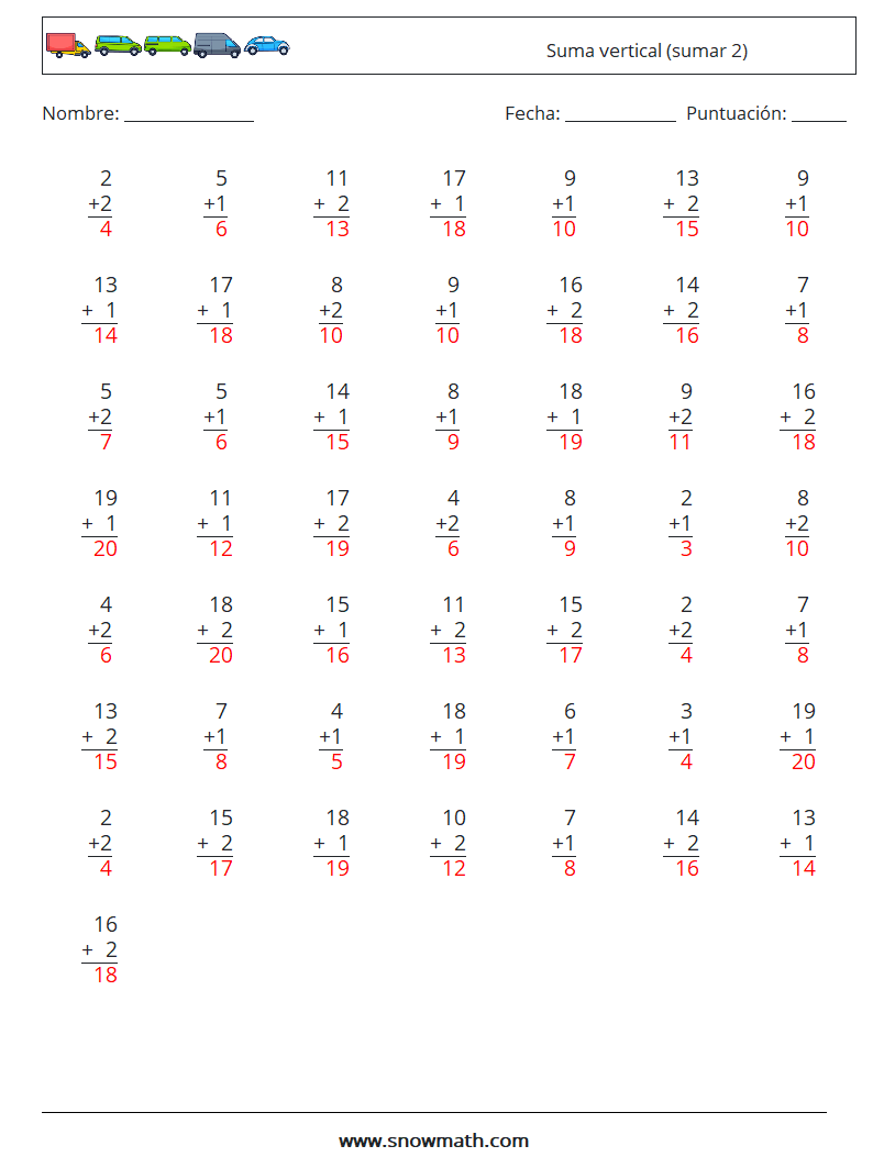 (50) Suma vertical (sumar 2) Hojas de trabajo de matemáticas 9 Pregunta, respuesta