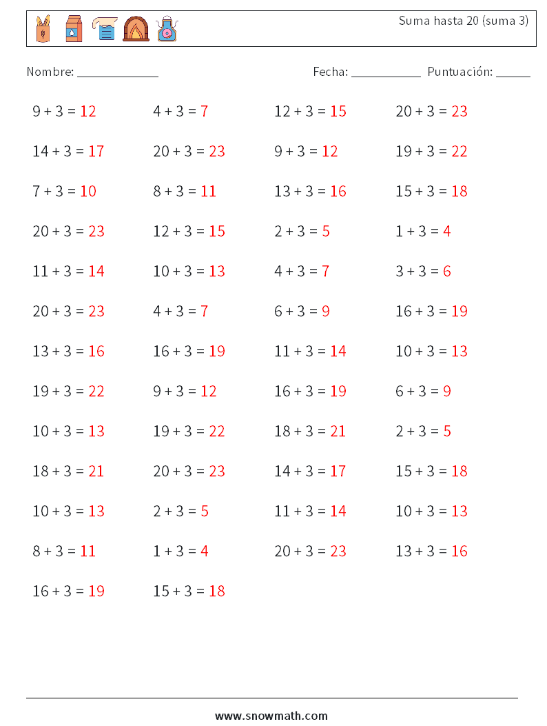(50) Suma hasta 20 (suma 3) Hojas de trabajo de matemáticas 1 Pregunta, respuesta