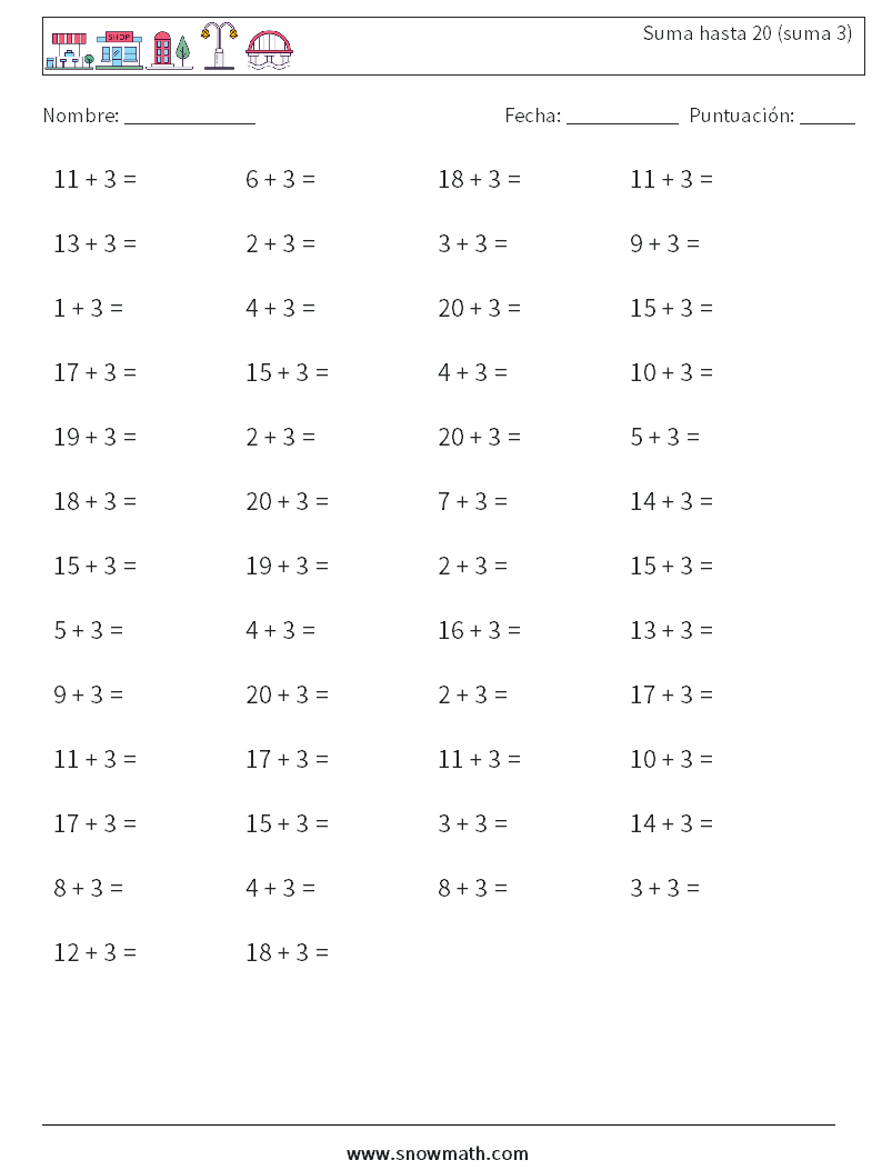 (50) Suma hasta 20 (suma 3) Hojas de trabajo de matemáticas 2