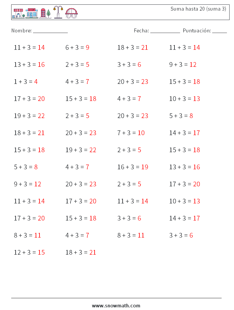 (50) Suma hasta 20 (suma 3) Hojas de trabajo de matemáticas 2 Pregunta, respuesta