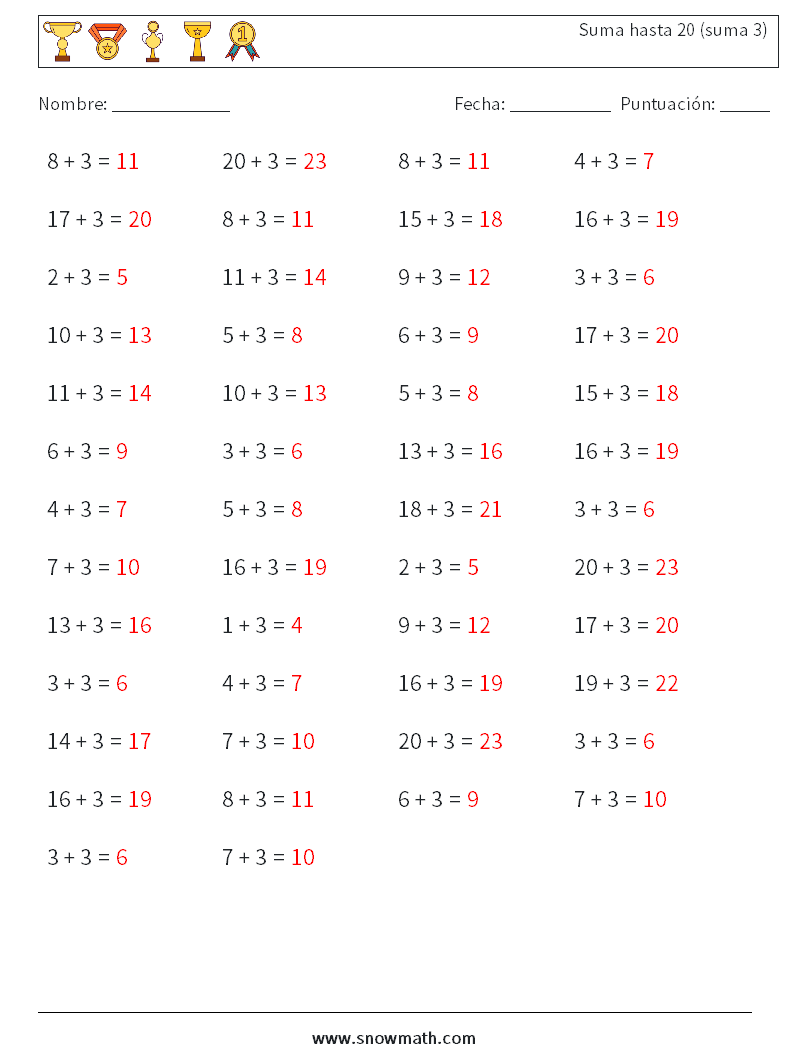 (50) Suma hasta 20 (suma 3) Hojas de trabajo de matemáticas 3 Pregunta, respuesta