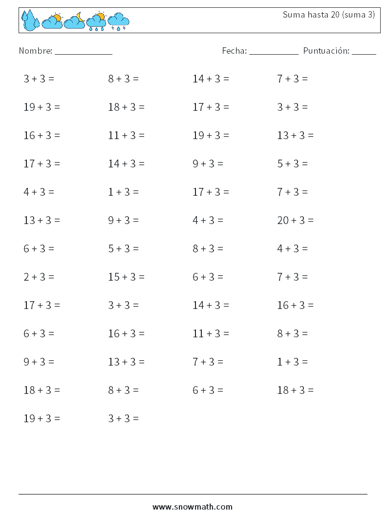 (50) Suma hasta 20 (suma 3) Hojas de trabajo de matemáticas 4