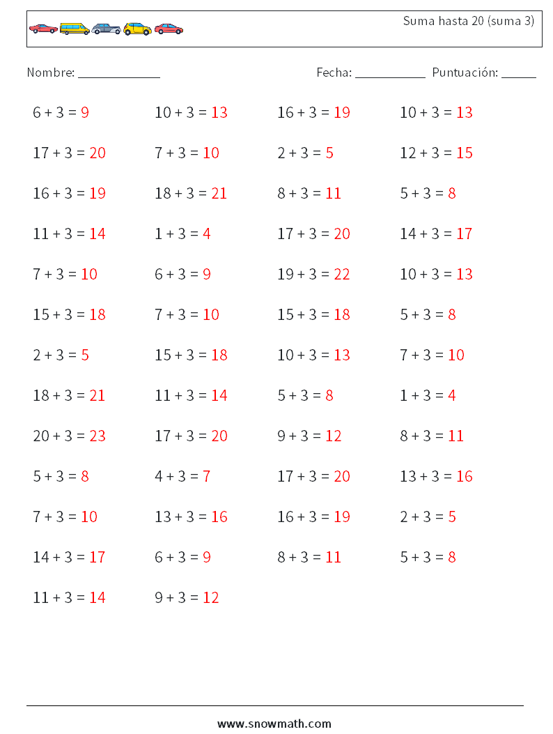 (50) Suma hasta 20 (suma 3) Hojas de trabajo de matemáticas 5 Pregunta, respuesta