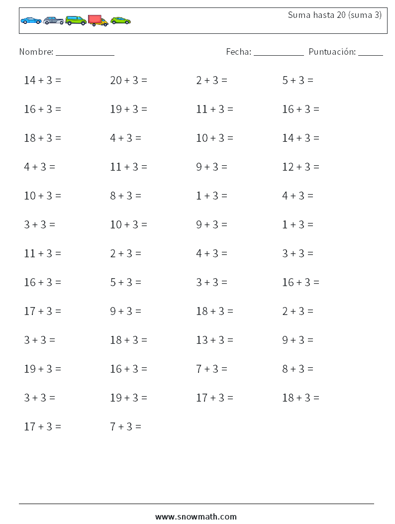 (50) Suma hasta 20 (suma 3) Hojas de trabajo de matemáticas 6