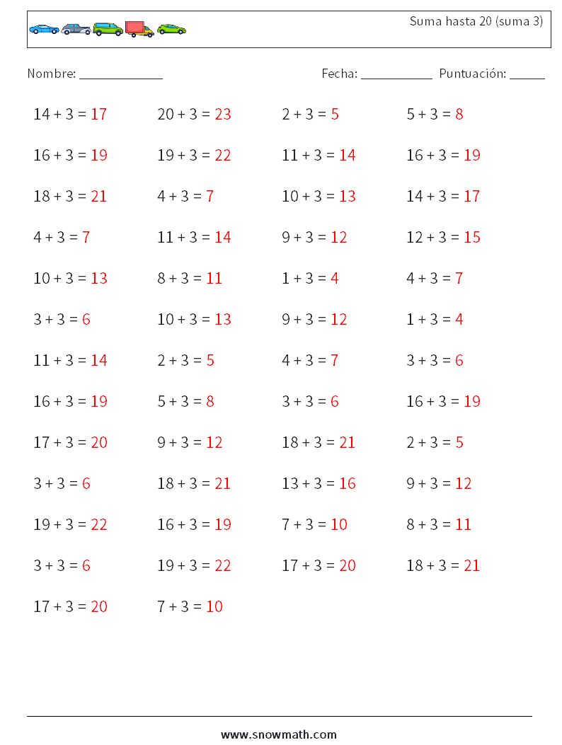 (50) Suma hasta 20 (suma 3) Hojas de trabajo de matemáticas 6 Pregunta, respuesta
