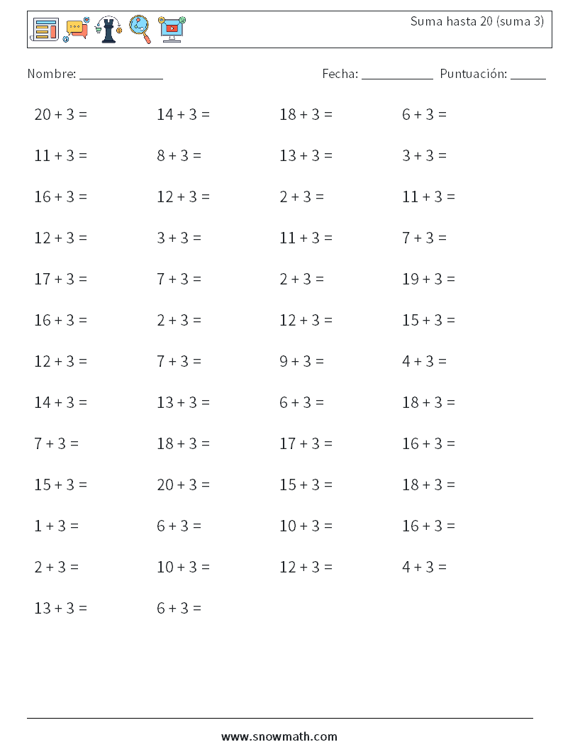 (50) Suma hasta 20 (suma 3) Hojas de trabajo de matemáticas 8