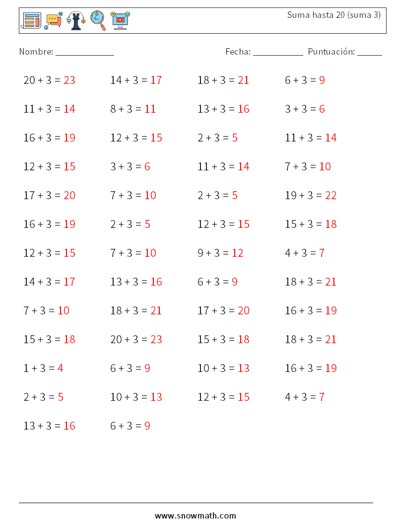(50) Suma hasta 20 (suma 3) Hojas de trabajo de matemáticas 8 Pregunta, respuesta