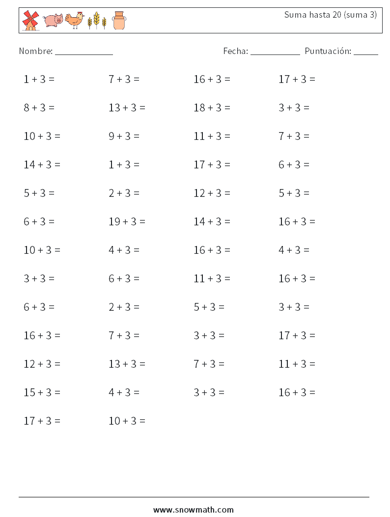 (50) Suma hasta 20 (suma 3) Hojas de trabajo de matemáticas 9