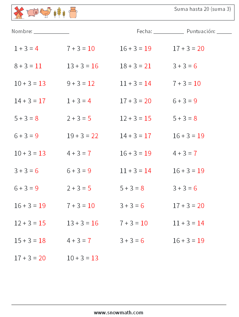 (50) Suma hasta 20 (suma 3) Hojas de trabajo de matemáticas 9 Pregunta, respuesta