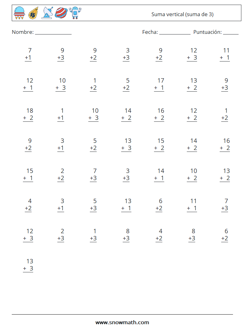 (50) Suma vertical (suma de 3) Hojas de trabajo de matemáticas 1