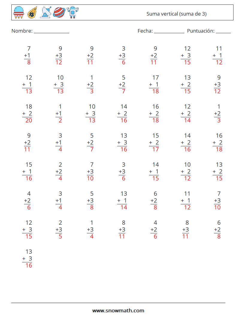 (50) Suma vertical (suma de 3) Hojas de trabajo de matemáticas 1 Pregunta, respuesta