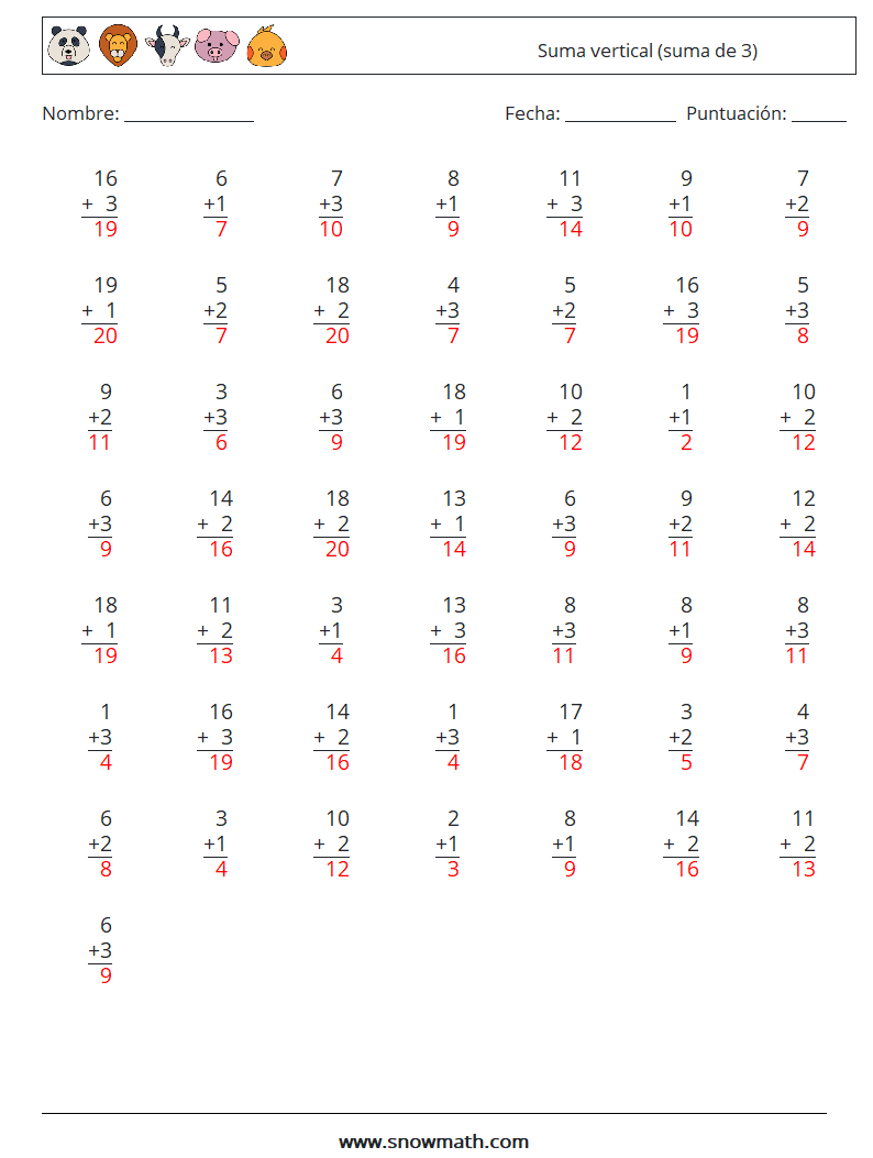 (50) Suma vertical (suma de 3) Hojas de trabajo de matemáticas 2 Pregunta, respuesta