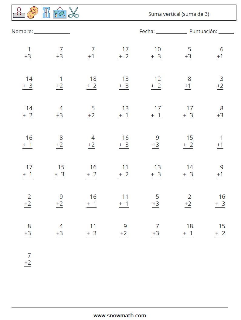 (50) Suma vertical (suma de 3) Hojas de trabajo de matemáticas 3