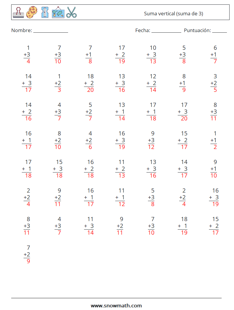 (50) Suma vertical (suma de 3) Hojas de trabajo de matemáticas 3 Pregunta, respuesta