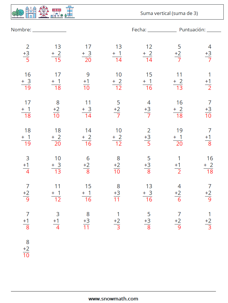 (50) Suma vertical (suma de 3) Hojas de trabajo de matemáticas 5 Pregunta, respuesta