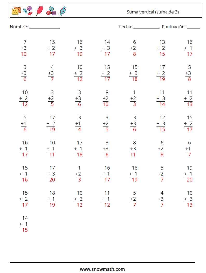 (50) Suma vertical (suma de 3) Hojas de trabajo de matemáticas 7 Pregunta, respuesta