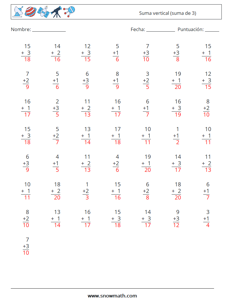 (50) Suma vertical (suma de 3) Hojas de trabajo de matemáticas 8 Pregunta, respuesta