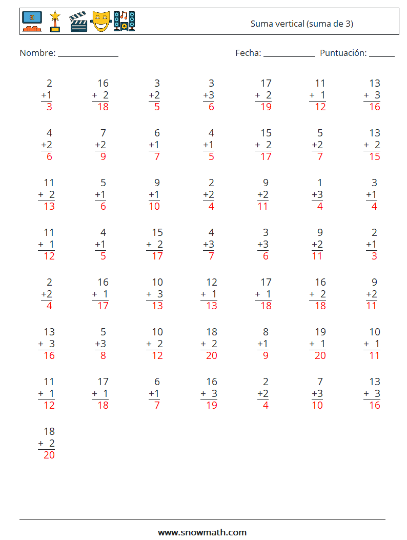 (50) Suma vertical (suma de 3) Hojas de trabajo de matemáticas 9 Pregunta, respuesta