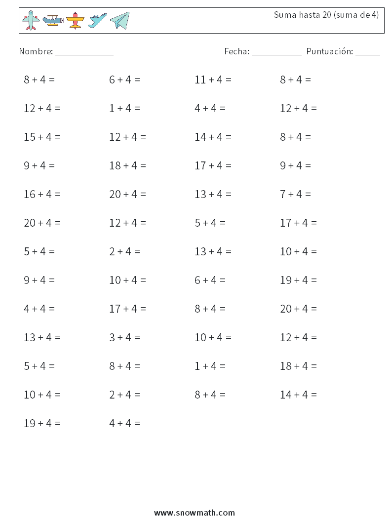 (50) Suma hasta 20 (suma de 4) Hojas de trabajo de matemáticas 1