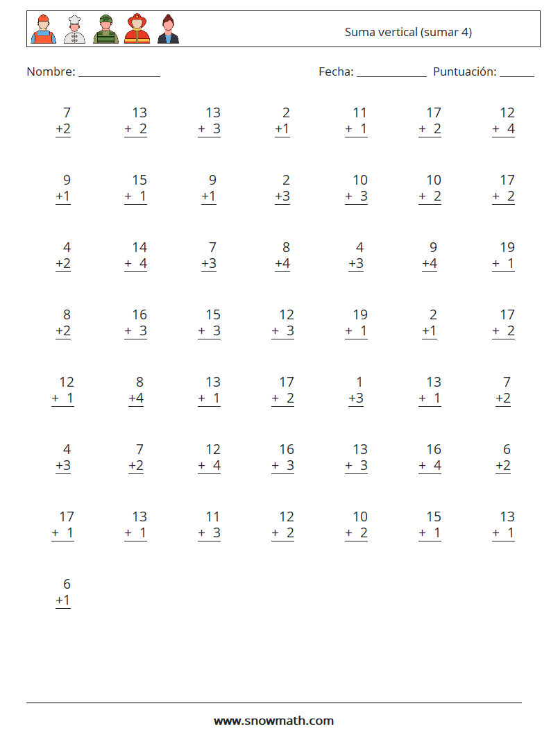 (50) Suma vertical (sumar 4) Hojas de trabajo de matemáticas 1