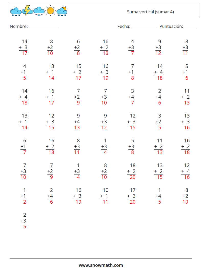 (50) Suma vertical (sumar 4) Hojas de trabajo de matemáticas 10 Pregunta, respuesta