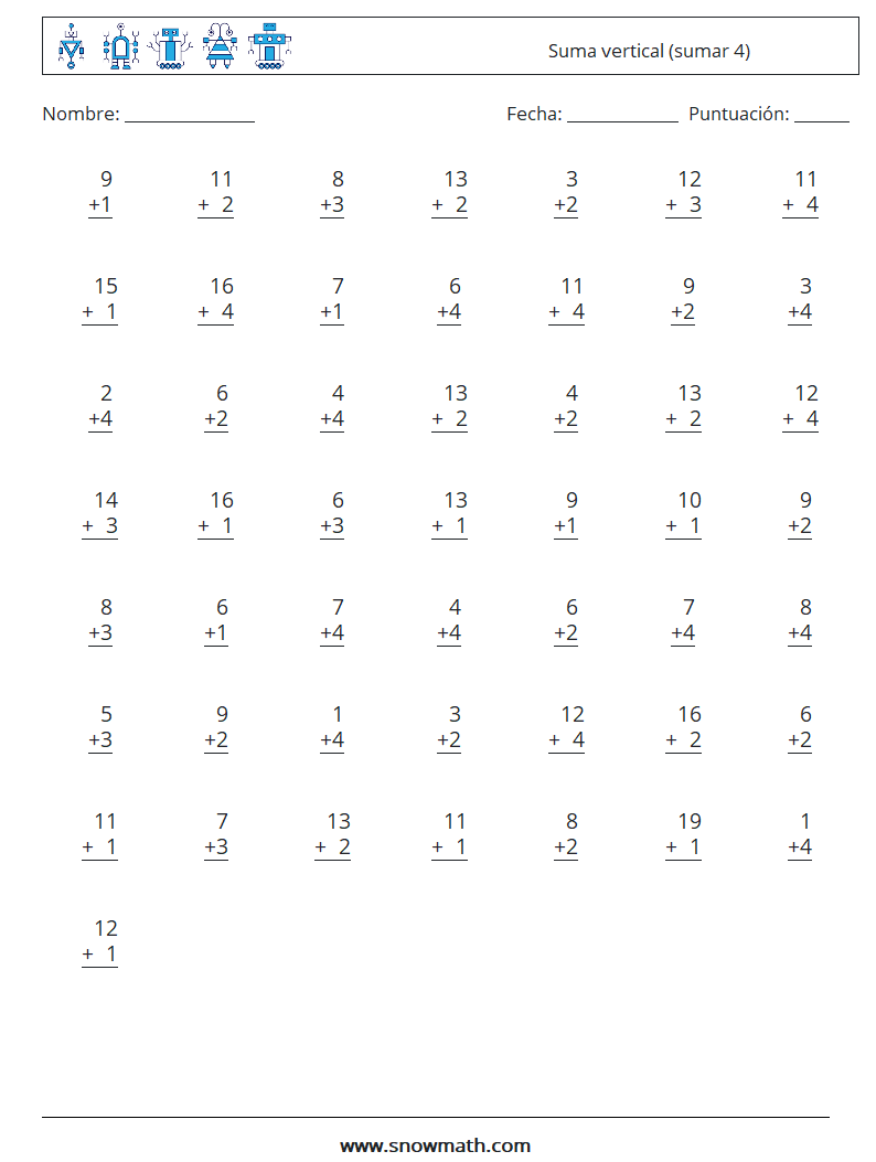 (50) Suma vertical (sumar 4) Hojas de trabajo de matemáticas 11