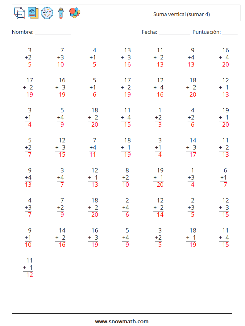 (50) Suma vertical (sumar 4) Hojas de trabajo de matemáticas 14 Pregunta, respuesta