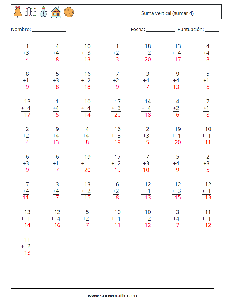 (50) Suma vertical (sumar 4) Hojas de trabajo de matemáticas 15 Pregunta, respuesta