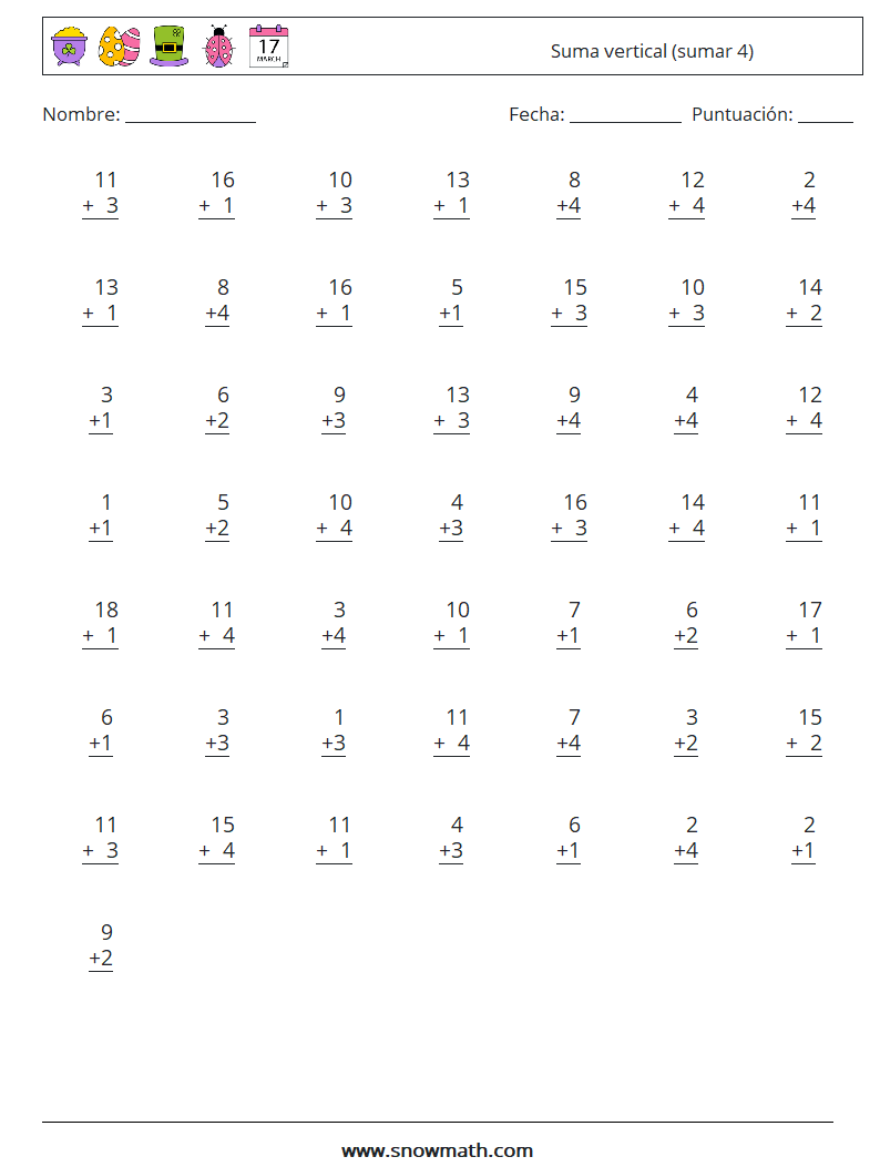 (50) Suma vertical (sumar 4) Hojas de trabajo de matemáticas 18