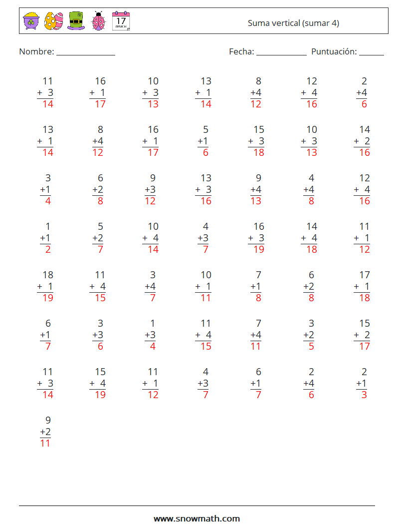 (50) Suma vertical (sumar 4) Hojas de trabajo de matemáticas 18 Pregunta, respuesta