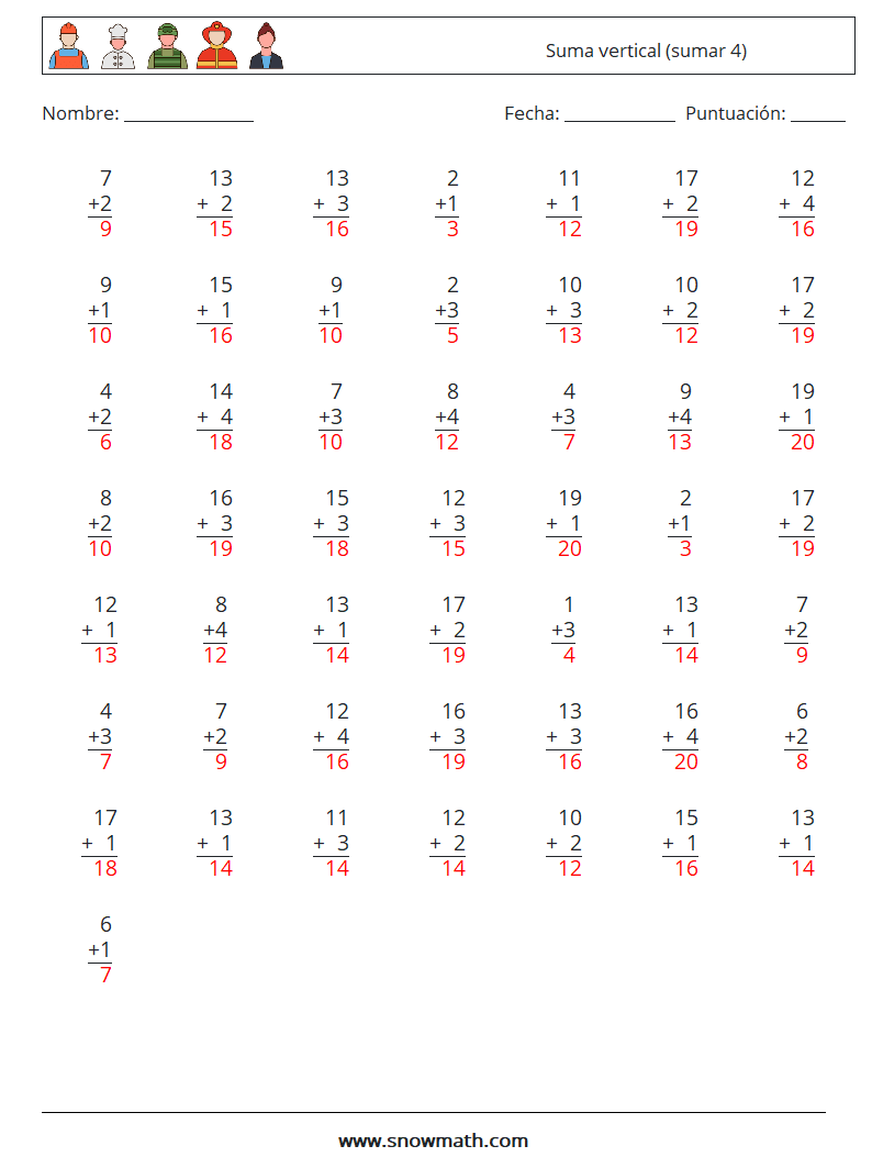 (50) Suma vertical (sumar 4) Hojas de trabajo de matemáticas 1 Pregunta, respuesta