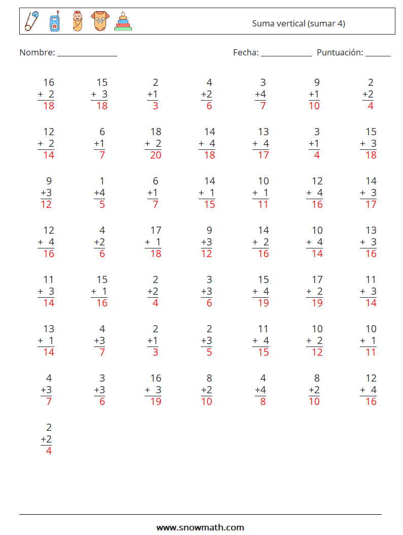 (50) Suma vertical (sumar 4) Hojas de trabajo de matemáticas 2 Pregunta, respuesta