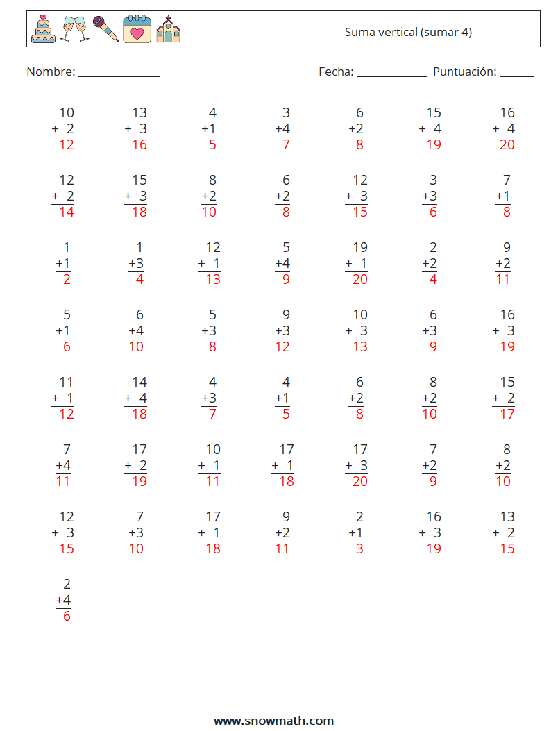 (50) Suma vertical (sumar 4) Hojas de trabajo de matemáticas 4 Pregunta, respuesta