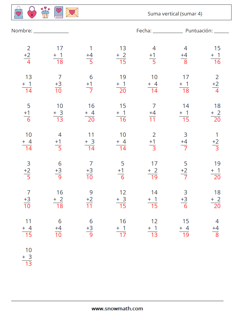 (50) Suma vertical (sumar 4) Hojas de trabajo de matemáticas 5 Pregunta, respuesta